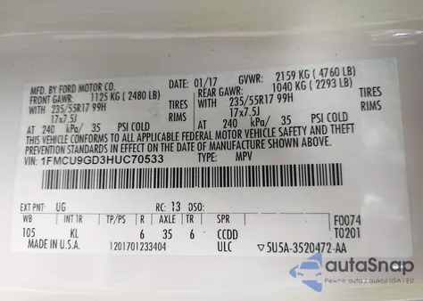 2017 Ford Escape Se из США, поврежденный, VIN 1FMCU9GD3HUC70533